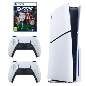 تصویر  کنسول بازی سونی مدل PlayStation 5 Slim ریجن اروپا سری 2016A نسخه دیسک‌خور ظرفیت یک ترابایت به همراه دسته اضافی و بازی EA SPORTS FC 26